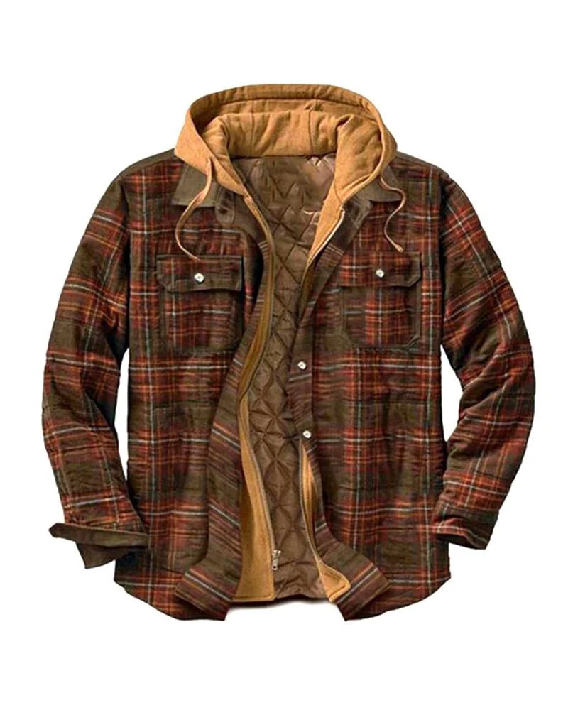 Men's Casual Dark Brown Plaid Hooded Jacket Shirt