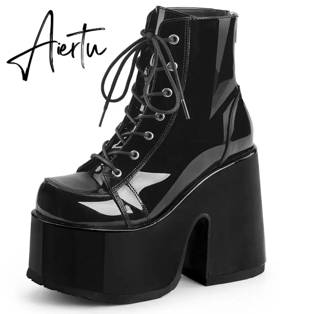 Aiertu Luxury Brand Design Female Chunky High Heels Ankle Boots Fashion Zip Lace-up High Platform Boots Women Street Punk Shoes Woman Aiertu