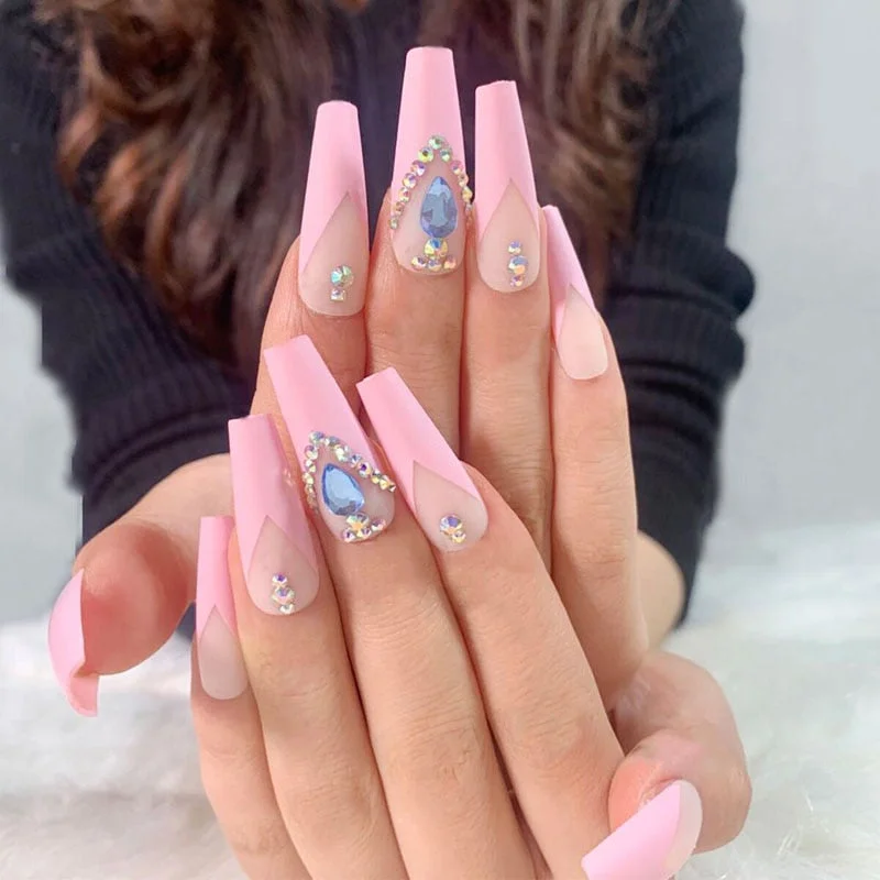 24pcs/Set Nude Pink False Nails Long Rhinestone Decal Wedding Bride Artificial Ballerina Nails Art Tips Press on Nails with Glue-Nail Inspo