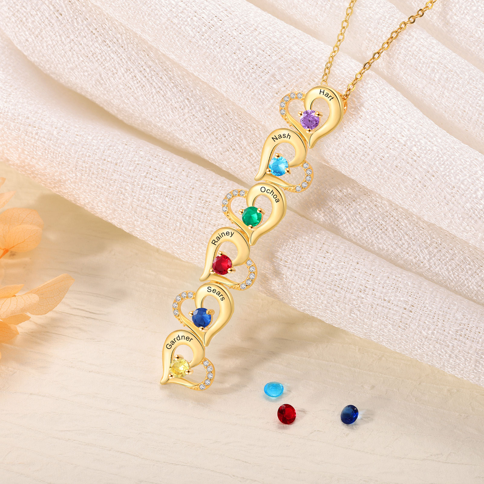 6 Names - Personalised Heart Pendant Necklace Custom Birthstones & Names Necklace Birthday Gift for Her -Jessemade AU