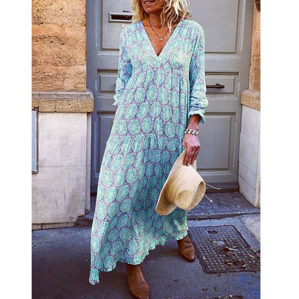 Fashion Women Boho Deep V Neck Floral Long Maxi Dress Tunic Beach Kaftan Holiday Club Casual Loose Dresses Sundress