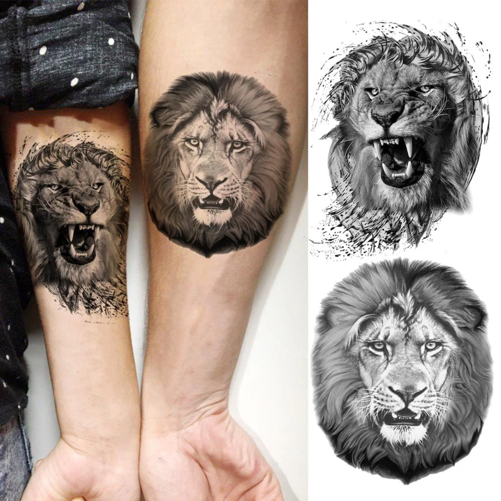 Black Lion Fashion Calf Temporary Tattoos For Women Adult Men Lion Geometric Owl Fake Tattoo Realistic Body Art Decoration Tatoo