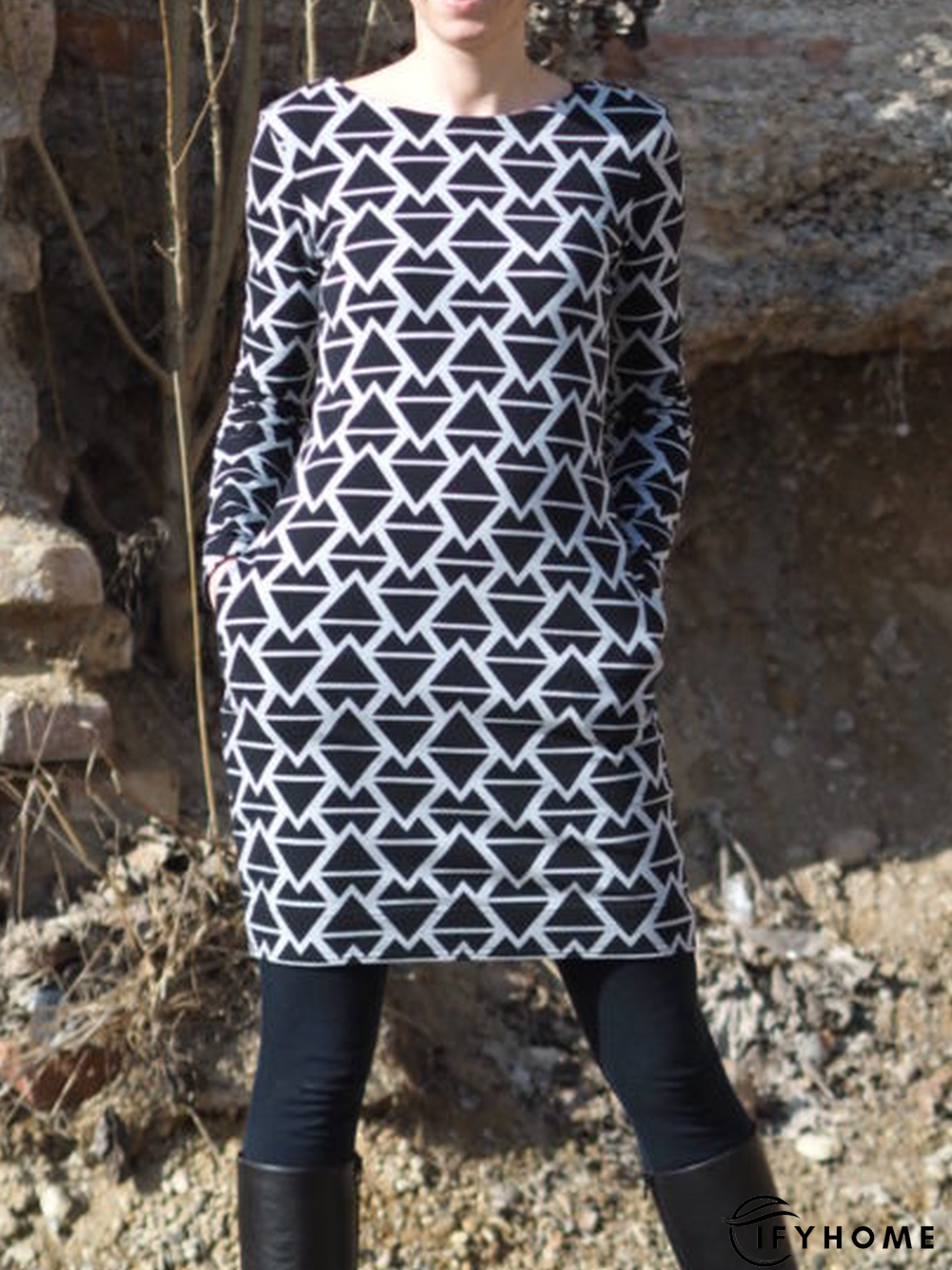 Casual Crew Neck Printed Knitting Dress | IFYHOME