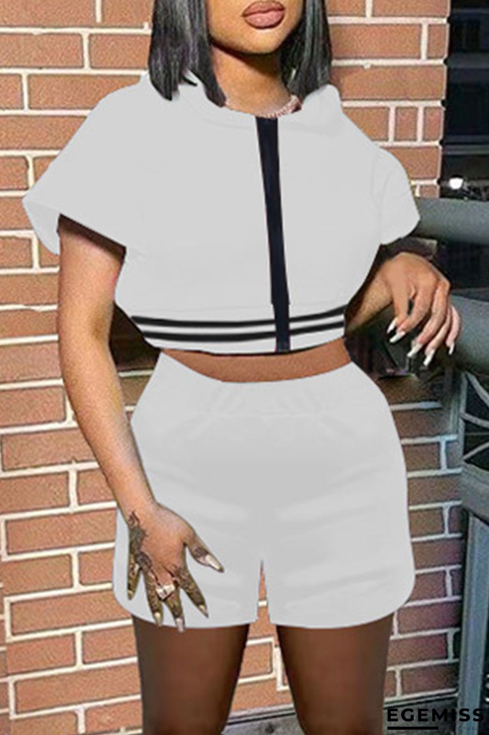 White Fashion Casual Solid Patchwork Hooded Collar Short Sleeve Two Pieces | EGEMISS