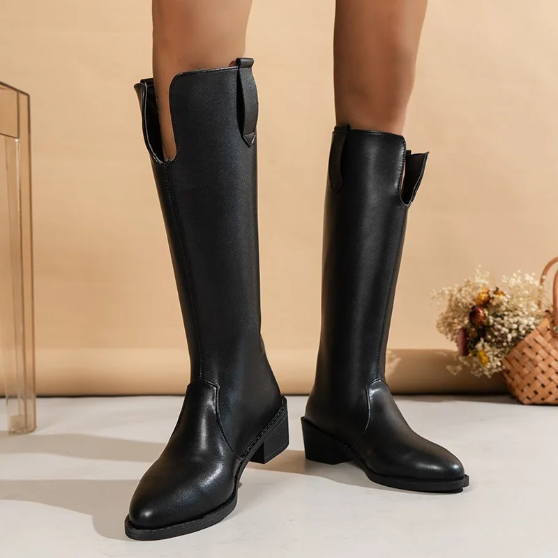 Women's Black Riding Boots Under Knee Soft Leather Boots With Back Zipper