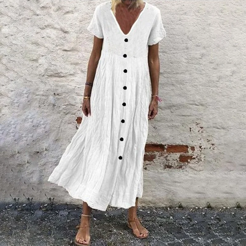 Solid Color Cotton Linen V-Neck Button Midi Dress