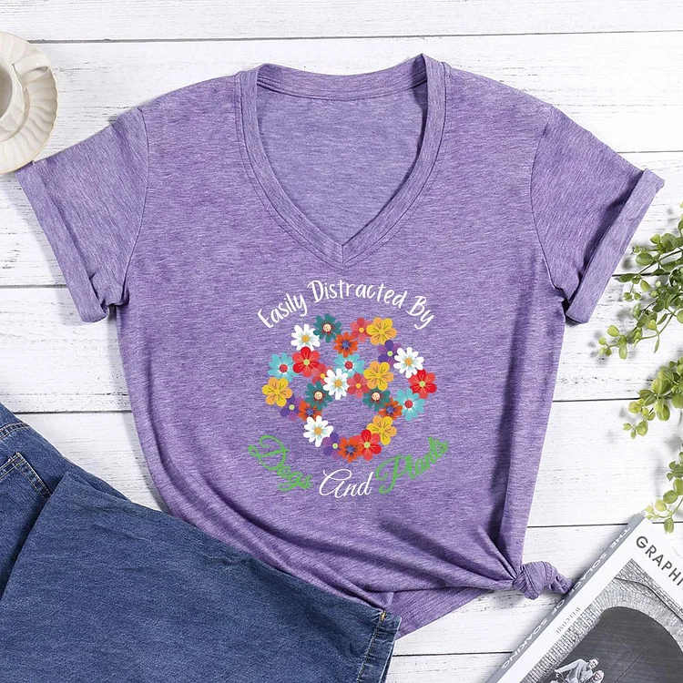 Easily Distracted by Dogs and Plant V-neck T Shirt
