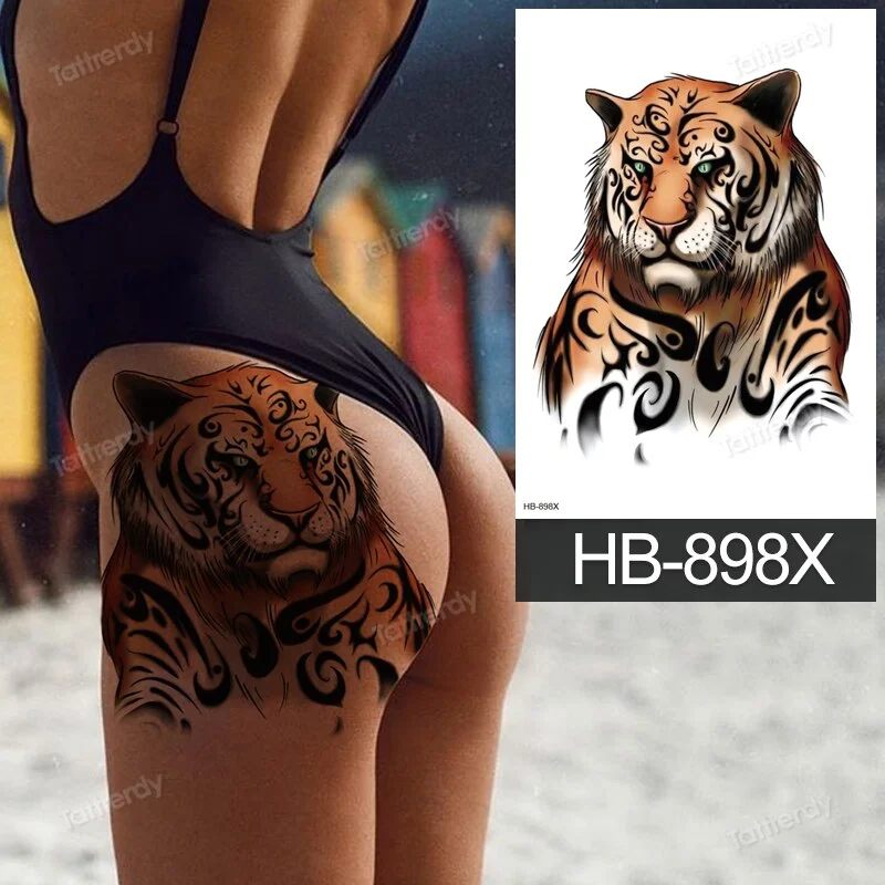 big tattoo anime tiger lion king head thigh leg temporary tattoo for women girls beauty sexy body art sticker tattoos waterproof