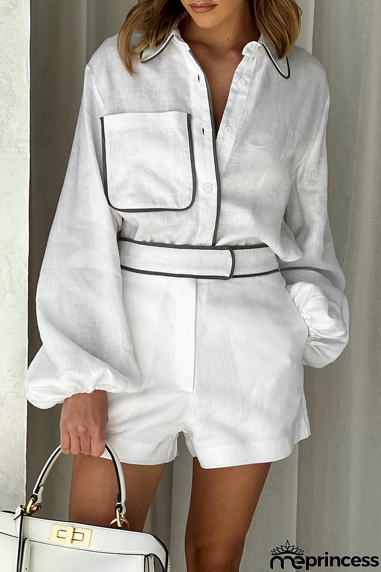 Daily Simplicity Solid Pocket Contrast Turndown Collar Long Sleeve Two Pieces