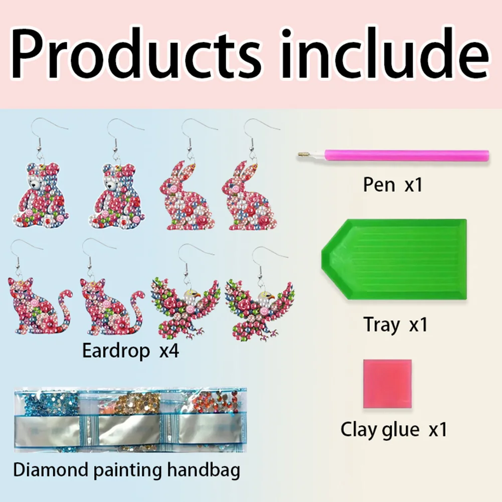 4 Pairs Double Sided Flower Animal DIY Diamond Painting Earrings for Women Girls