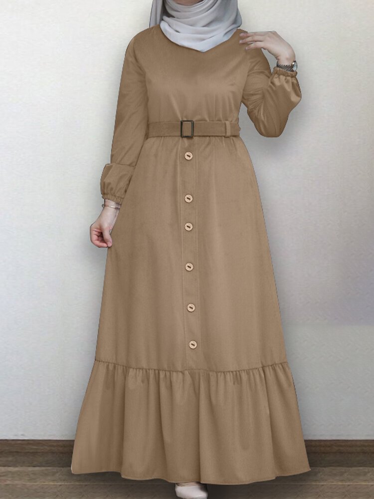 Solid Color Button Pleated Waistband Long Sleeve Casual Muslim Dress