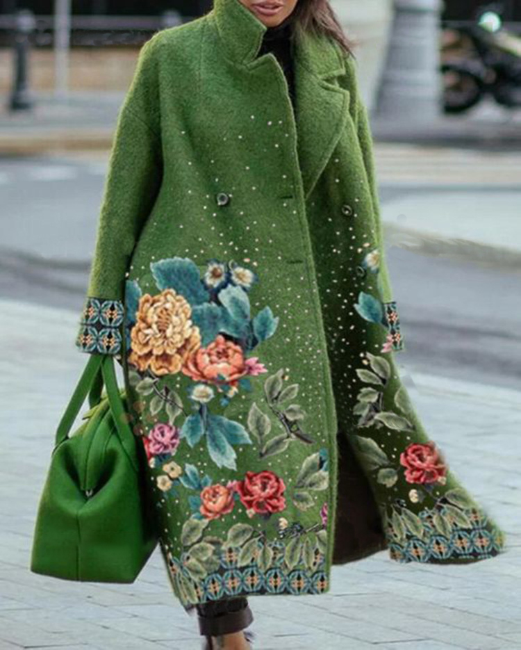 Long-sleeved lapel printed woolen coat wearshes