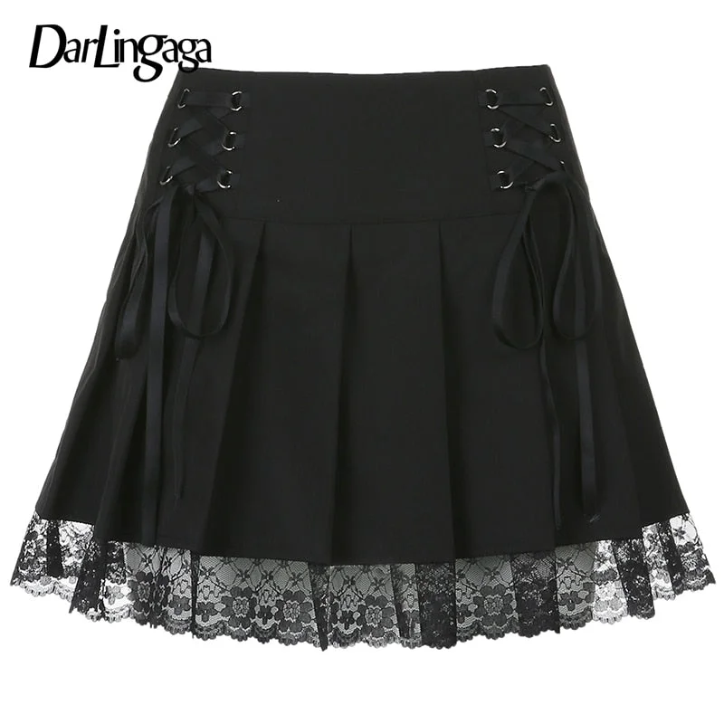 Darlingaga Harajuku Gothic Dark Academia Lace Trim Pleated Skirt Vintage Tie Up High Waist Skirt Mini Woman Goth Skirts 90s