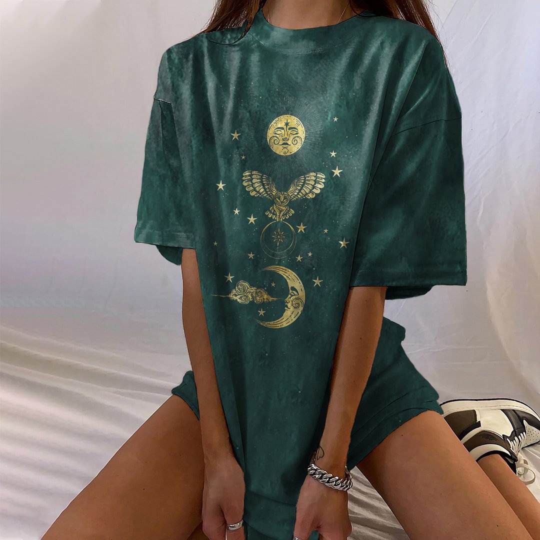   Vintage Star Sun Moon Owl Print T-shirt - Neojana