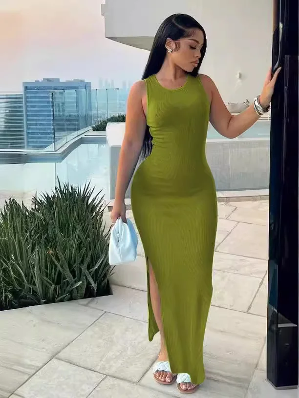 Uveng Uveng Women's Commuting Pits Long Dress Sleeveless Round Collar High-Waisted Ass Dress