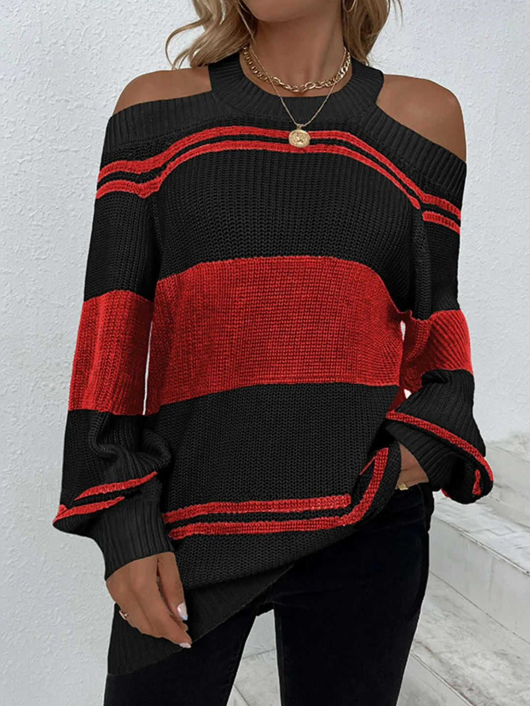 Uforever21 Striped Cutout Cold-Shoulder Tunic Sweater