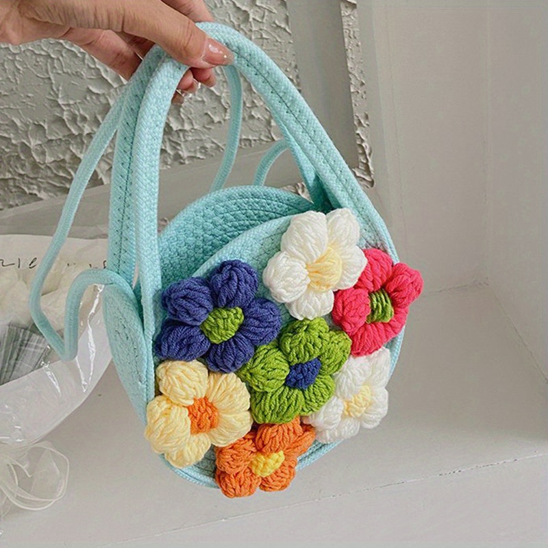 Flower Decor Woven Handbags, Sweet Holiday Beach Bag, Small Round Crossbody Bag For Women