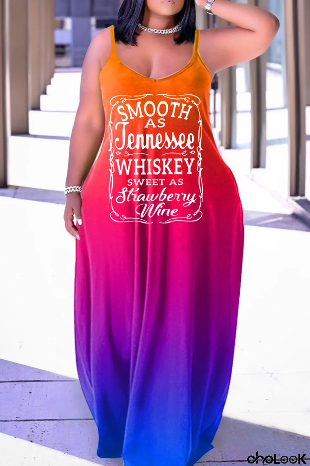 Tangerine Red Sexy Casual Print Backless Spaghetti Strap Long Dress Dresses