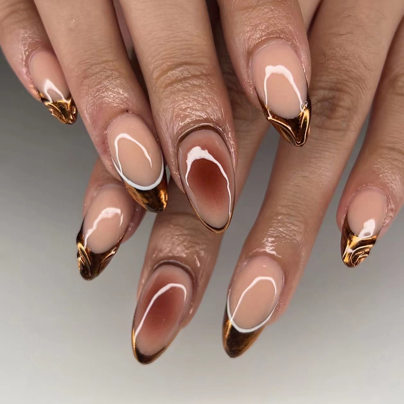 Damokan 24Pcs Simple French Nails Art Tips Fake Nails 3D Design Wearable Full Cover False Nail Mid-length Almond Reusable Press on Nails