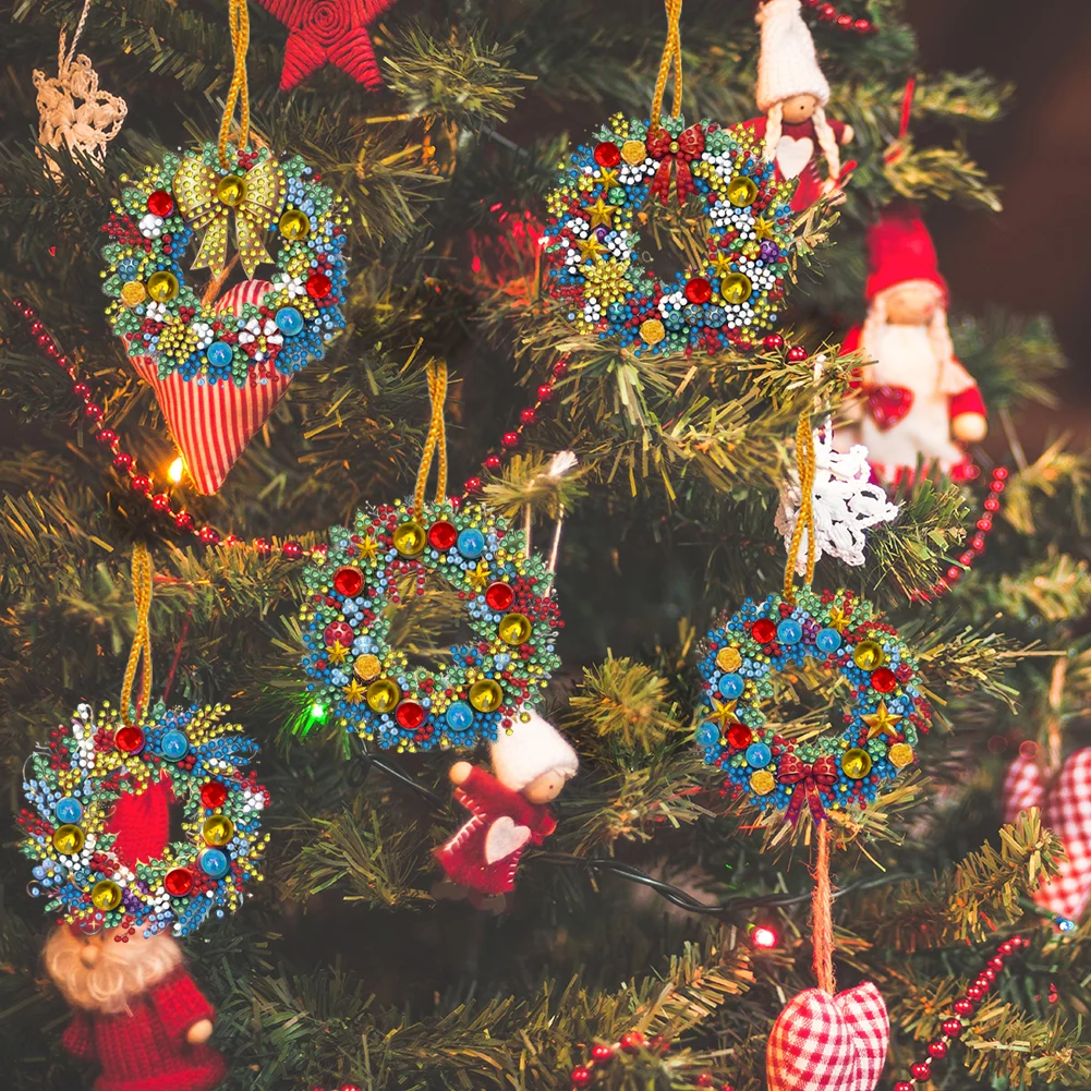 5Pcs DIY Christmas Wreath Acrylic Special Shaped 5D DIY Diamond Art Hanging Decor