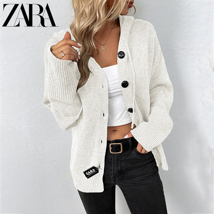 ZARA 2024 nowy damski sweter z dzianiny w jednolitym kolorze na jesień i zimę z kapturem