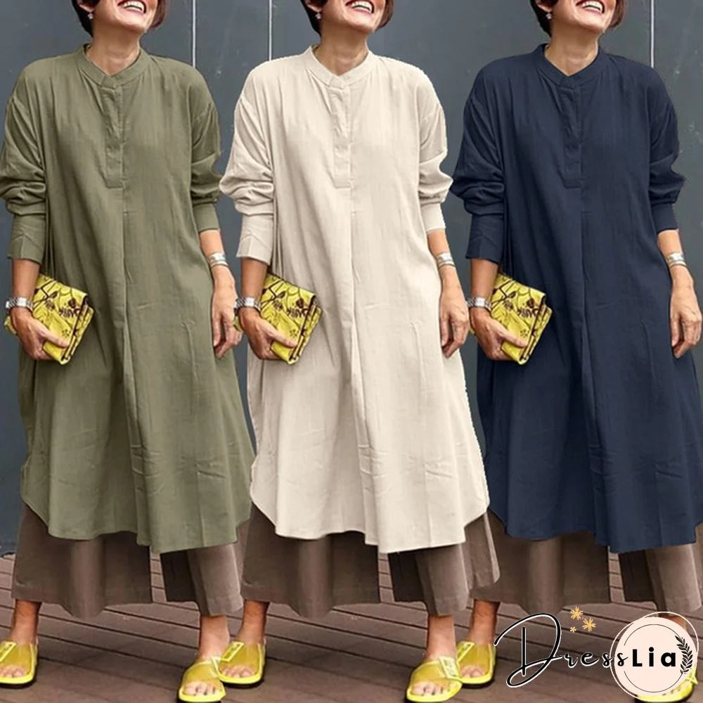 ZANZEA Women Spring Summer Long Sleeve A-line Shirt Dress Solid Casual Loose Midi Dress