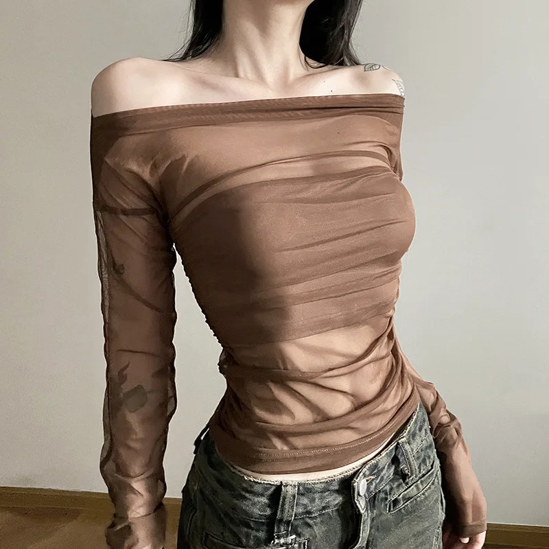 Uveng 2023 Autumn New Women's Clothing Solid Color Repair Street Fashion Word Reveals Back Long-Sleeved T-Shirt