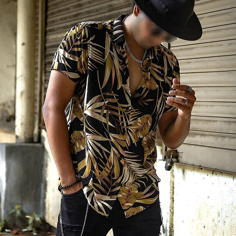 BrosWear Men'S Hawaiian Banana Leaf Print Short Sleeves Shirt