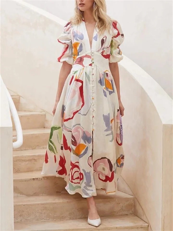 V-neck Elegant Slim Print Dress | 168DEAL