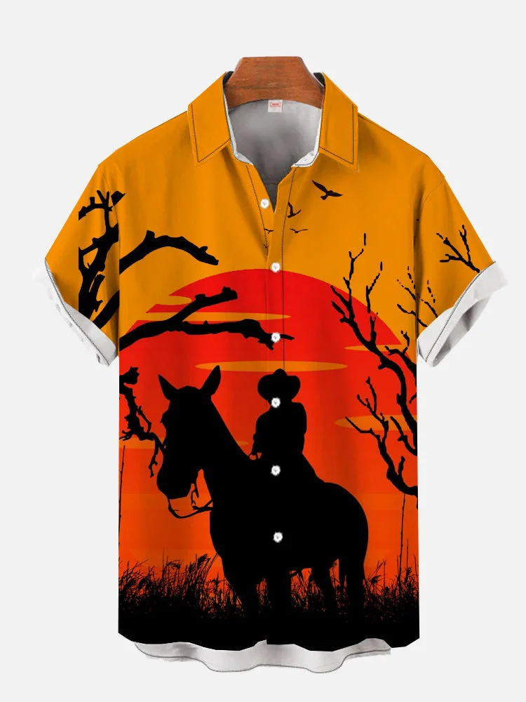 Western Style Orange Sunset And Riding Cowboy Printing Men's Short Sleeve Shirt