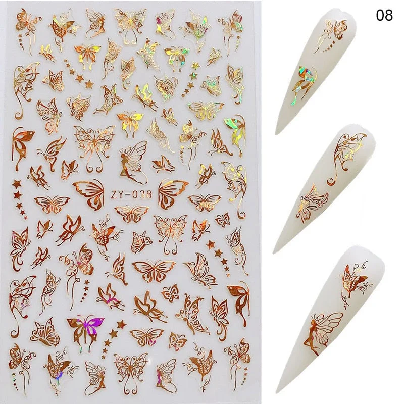 1 Sheet Laser Butterfly Gold Silver Black White 3D Nail Stickers Butterflies Heart Nail Decals Slider DIY Nail Art Decotaion-Nail Inspo