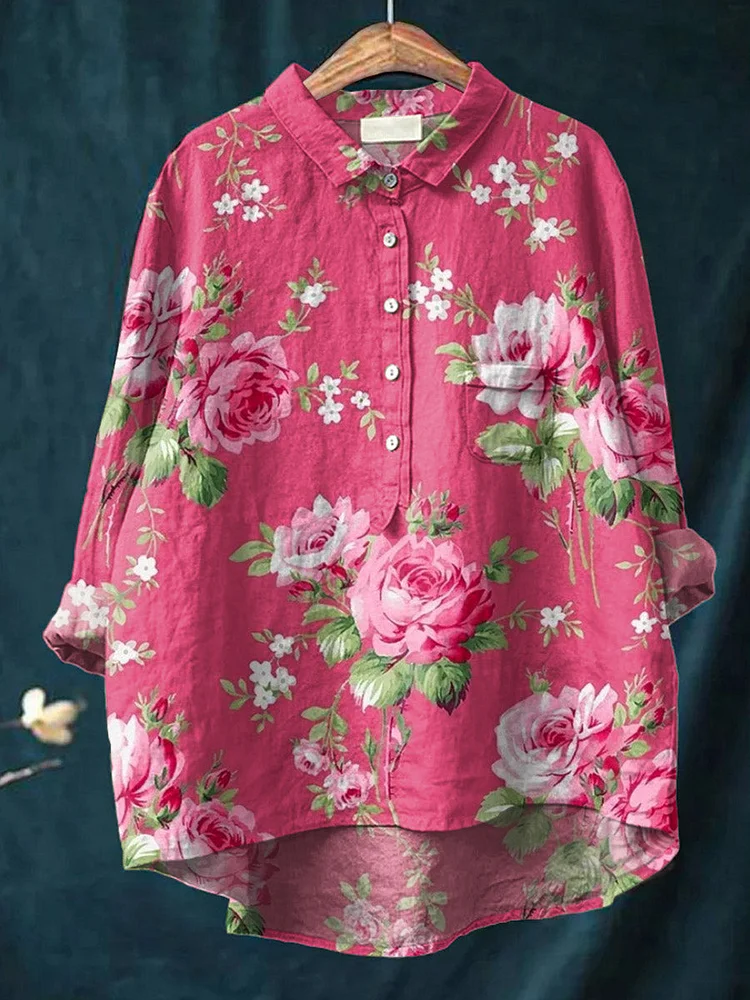 Women's Rose Floral Pattern Casual Cotton And Linen Shirt