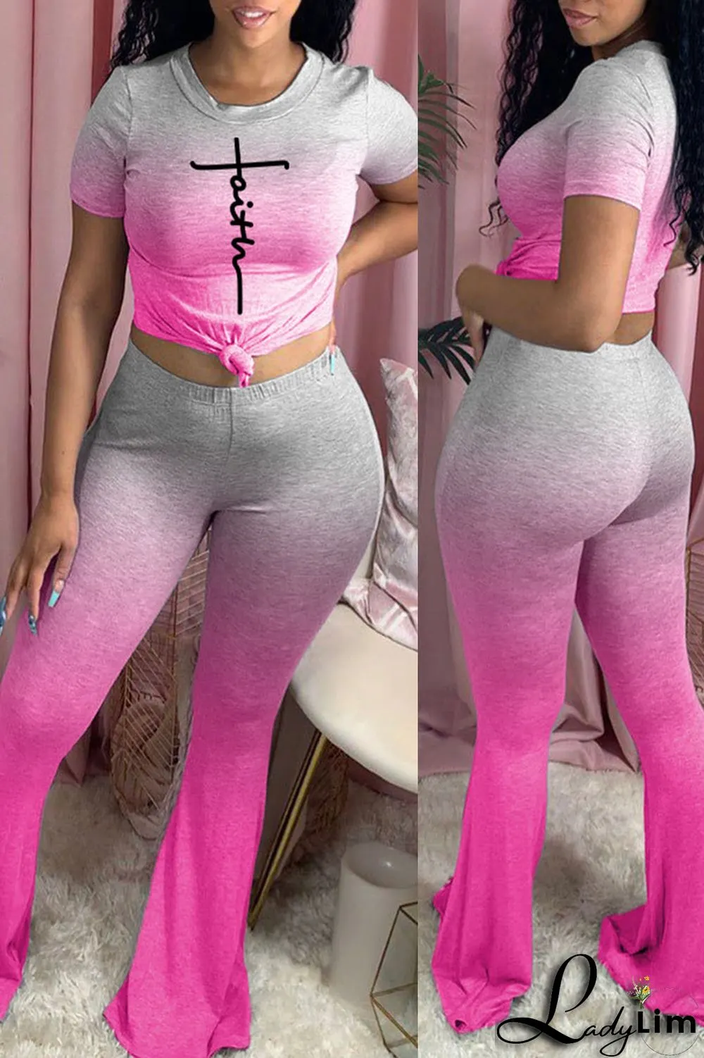 Black Casual Gradual Change Print Split Joint O Neck Short Sleeve Two Pieces