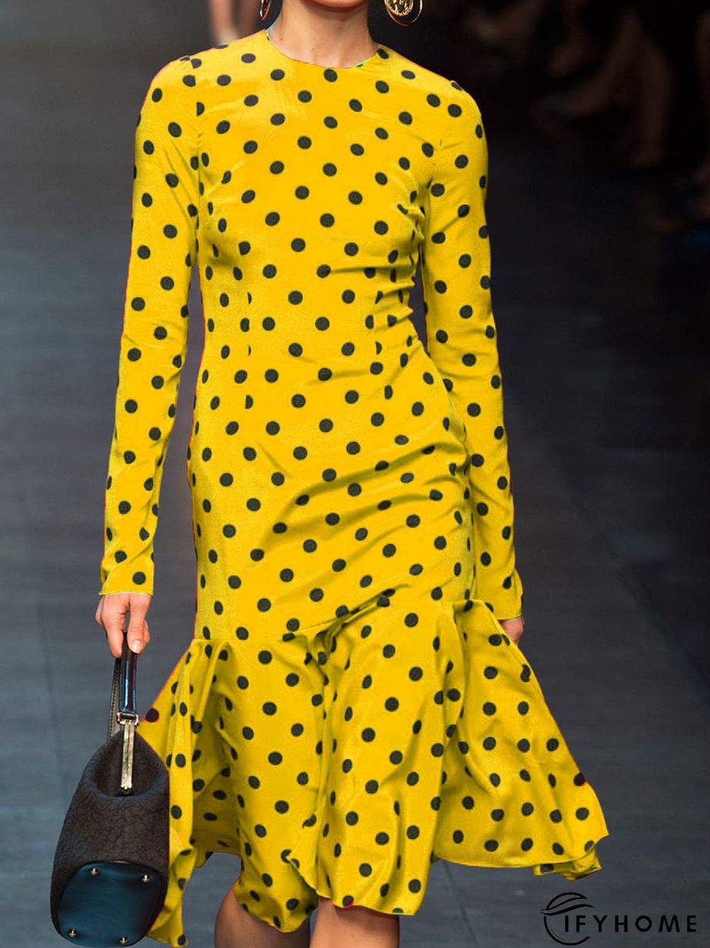 Polka Dots Crew Neck Sheath Lady Midi Dress | IFYHOME