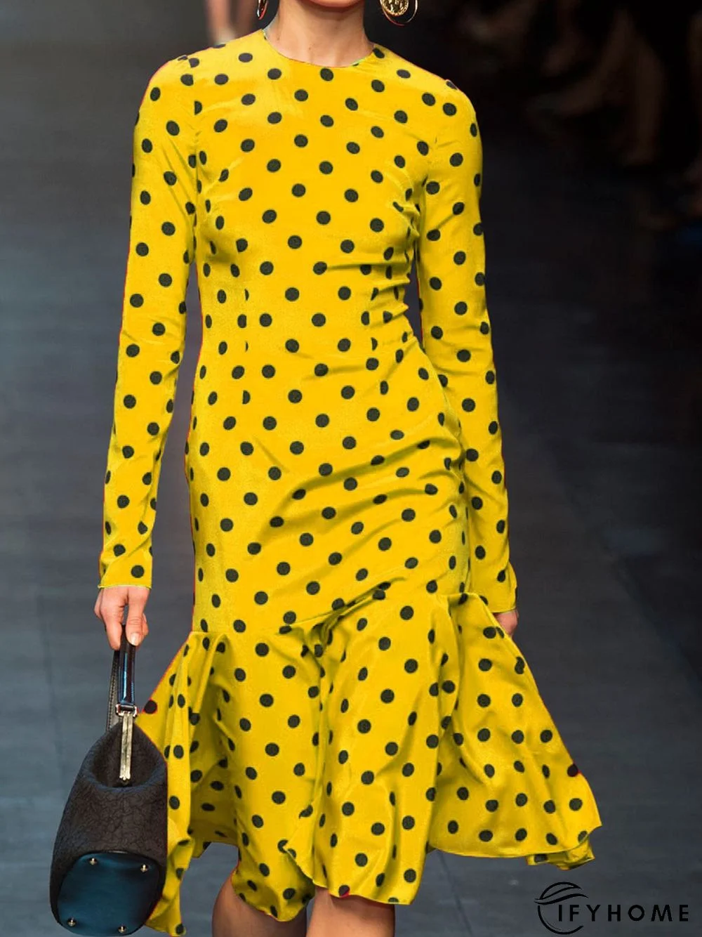 Polka Dots Crew Neck Sheath Lady Midi Dress | IFYHOME