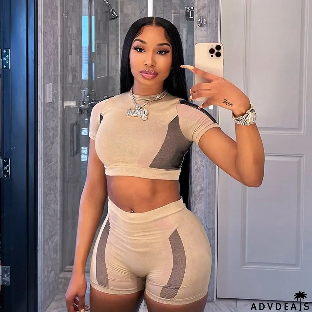 Women Summer Color Block Crop T-Shirt and Shorts Two-Piece Set