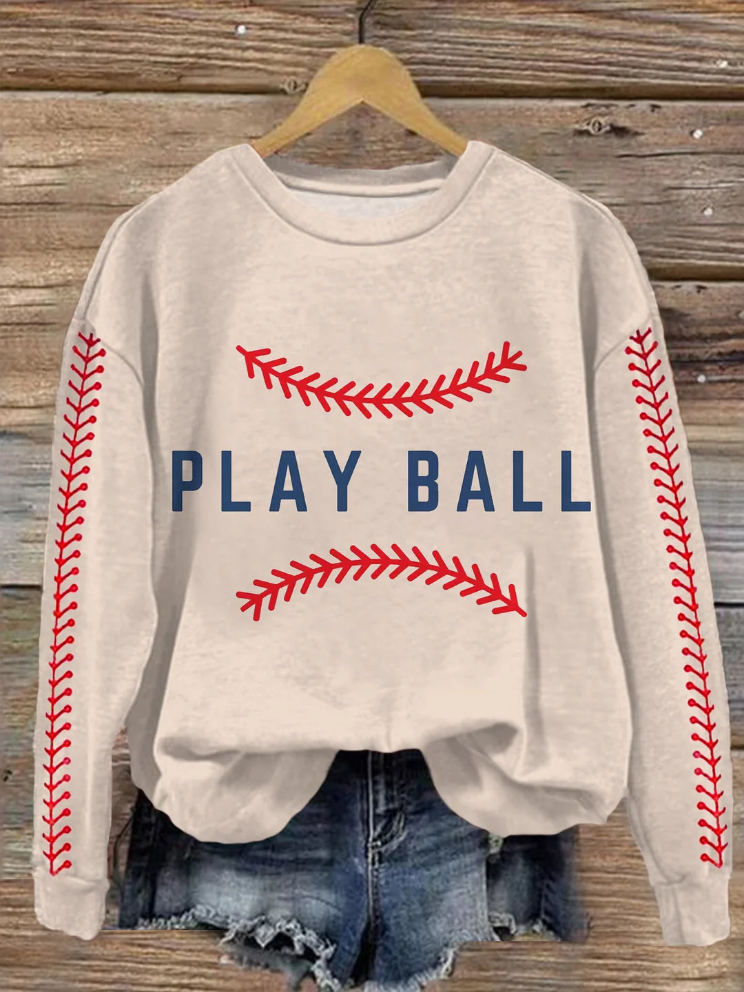 Play Ball Baseball Printed Long Sleeve Casual Top