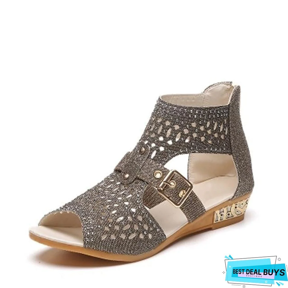 Women Wedges Heel Buckle Strap Gladiator Sandals Peep Toe Low Heels Sandals