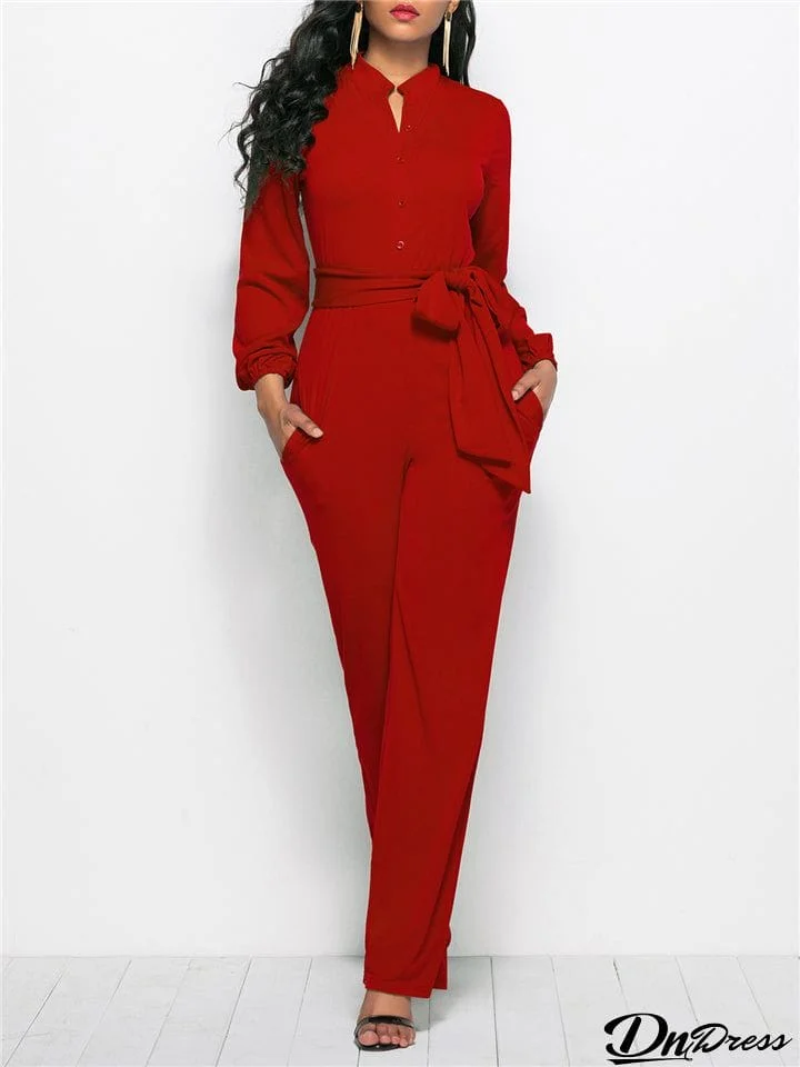 Fashion Minimalist Solid Color Long Sleeve Lace-up Waist Jumpsuits