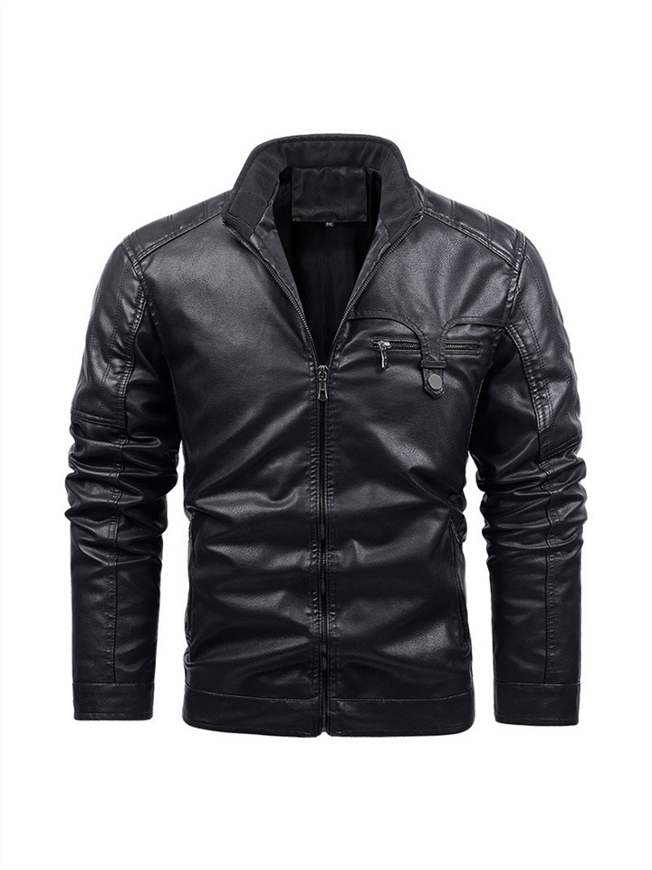 Men's Solid Color Casual Basic Section Loose Pu Leather Jacket Men Jacket Stand Collar Zipper Insert Pockets Buckle Decoration Jacket