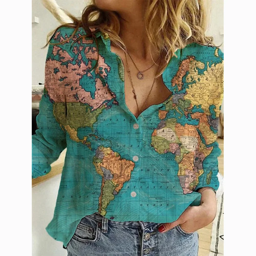 Uveng Map Straight Type Printed Long-sleeved Women's Shirt