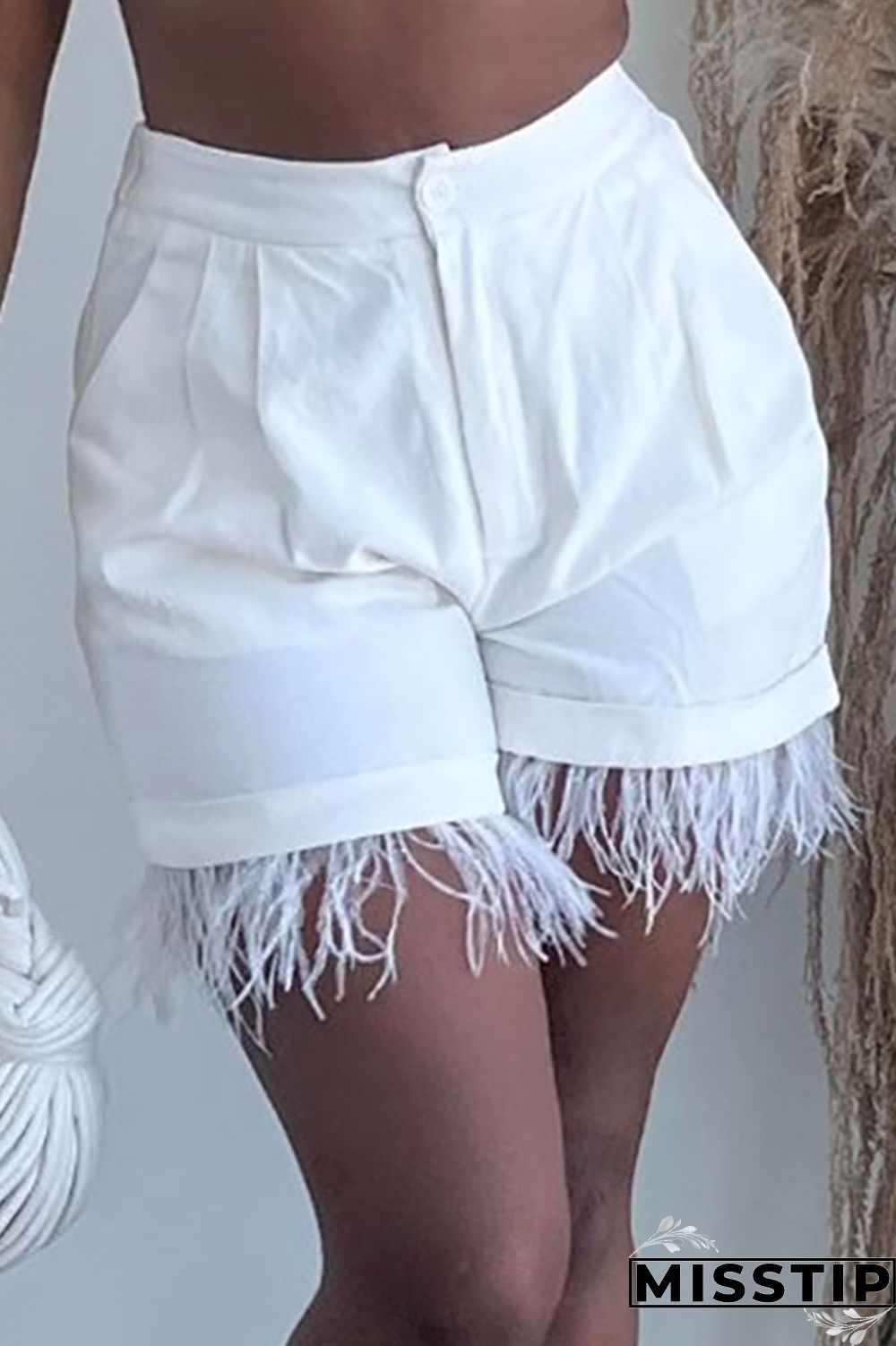 White Casual Solid Patchwork Feathers High Waist Straight Solid Color Bottoms