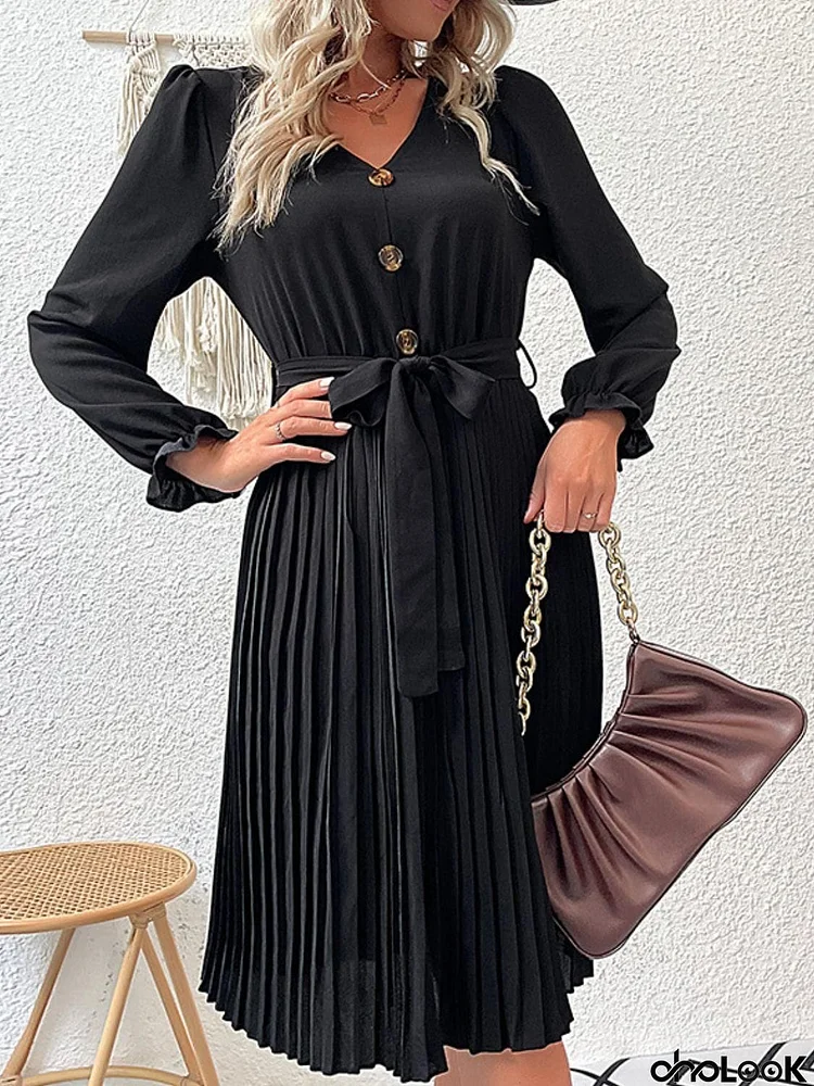 Decorative Button Belted Puff Sleeve Pleated Dress