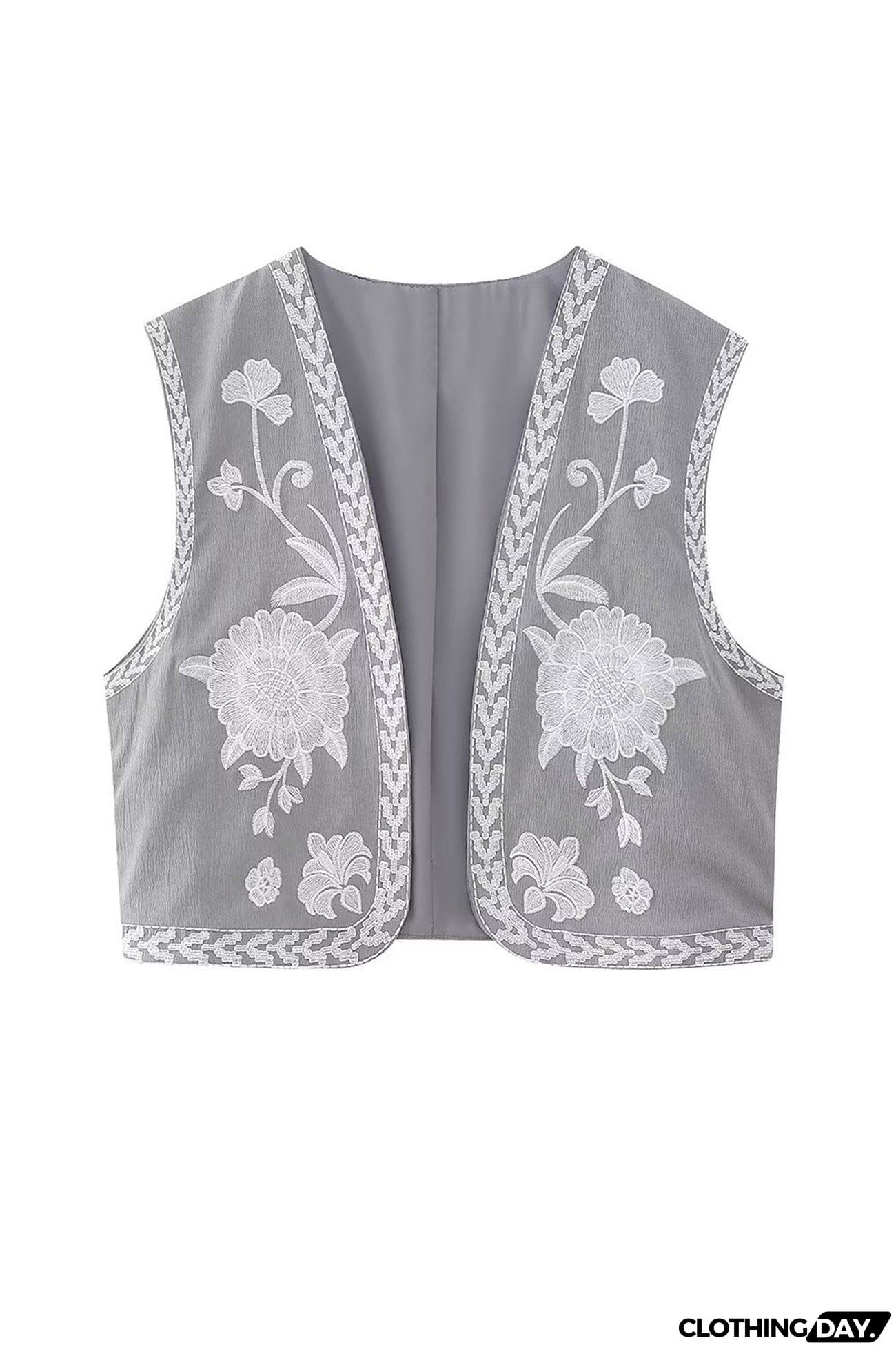 Vintage Floral Embroidery Open Front Vest