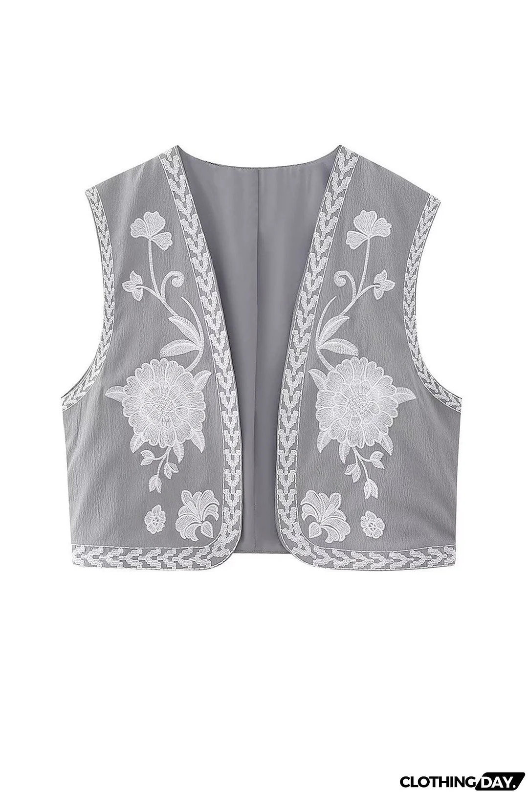 Vintage Floral Embroidery Open Front Vest