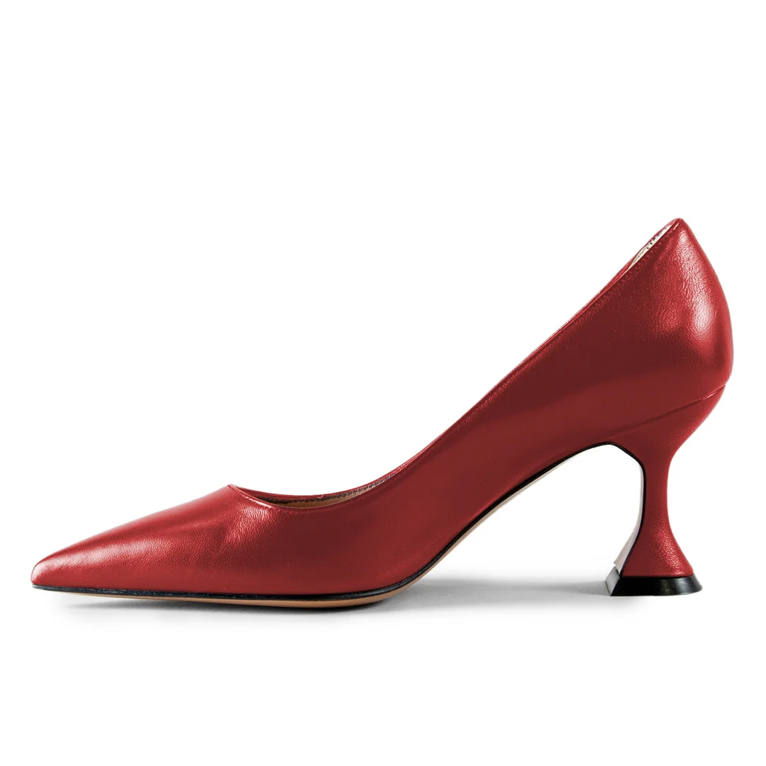 Women's Red Vegan Leather Pointed Toe Classy Pumps with Flared Heels
