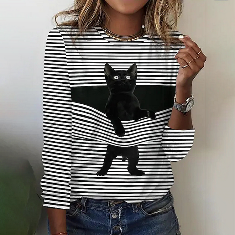 Vefave Striped Cat Print Crew Neck Casual T-Shirt
