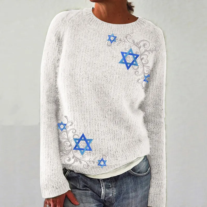 Women's Hanukkah Embroidery Print Knit Sweater