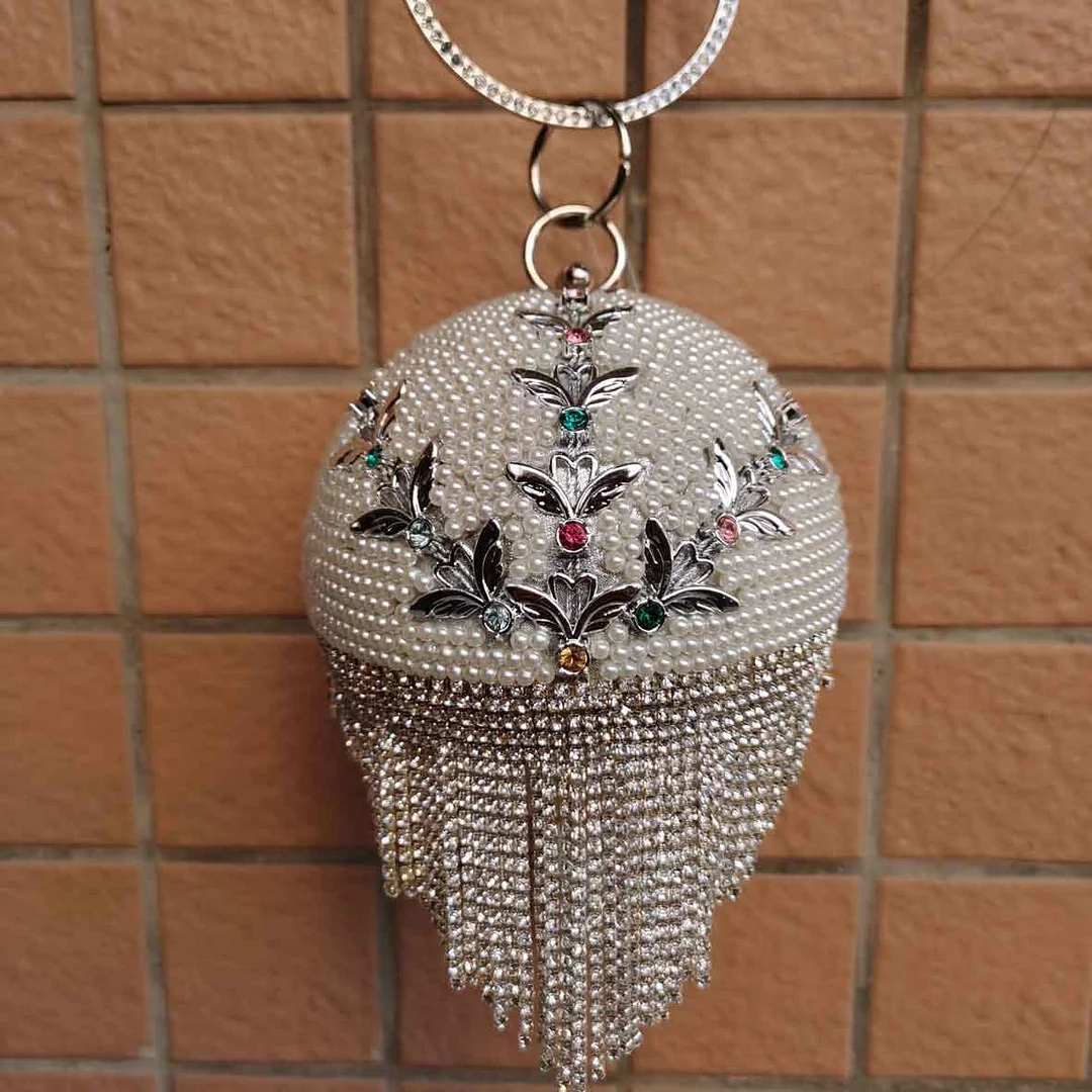 Bowling Design Pearl Clutch Bag circular ring Wristlets Bag Women Party Evening Bag Crystal tassels Ball Female wallet XQ-15
