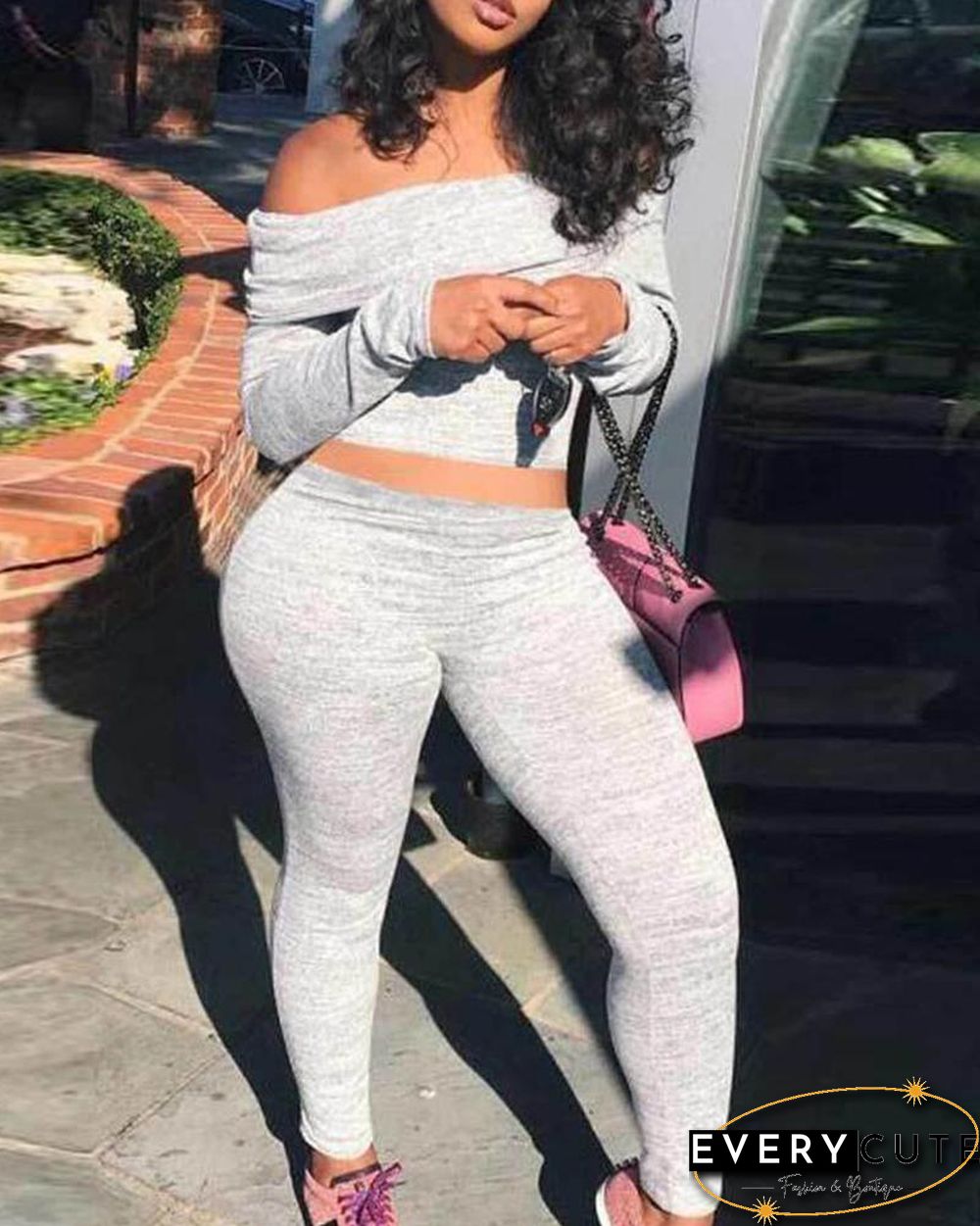 Off Shoulder Long Sleeve Crop Top & Skinny Pants Set P13624